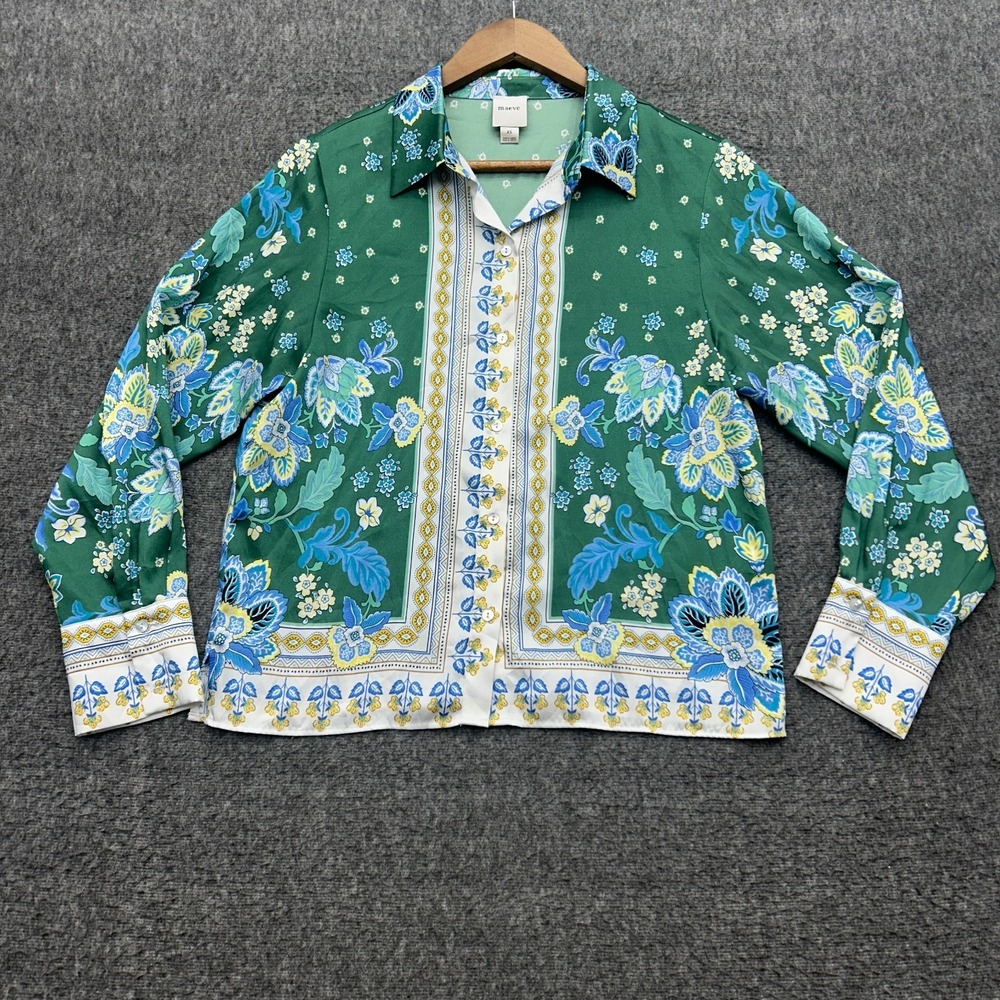 Anthropologie Maeve Satin Long-Sleeve Scarf Blouse Green XS